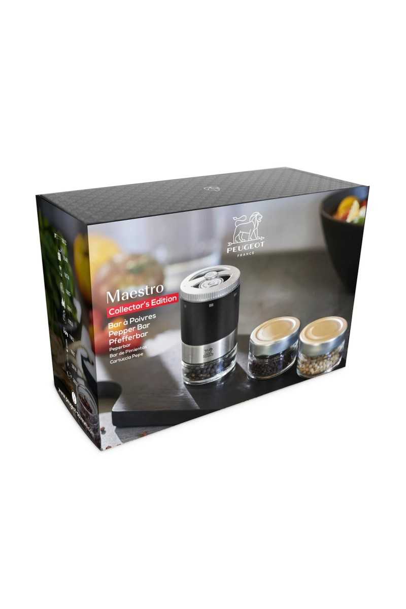 Peugeot Maestro Peperbar Mat Zwart Pepermolen Geschenkdoos + 3 pepersoorten