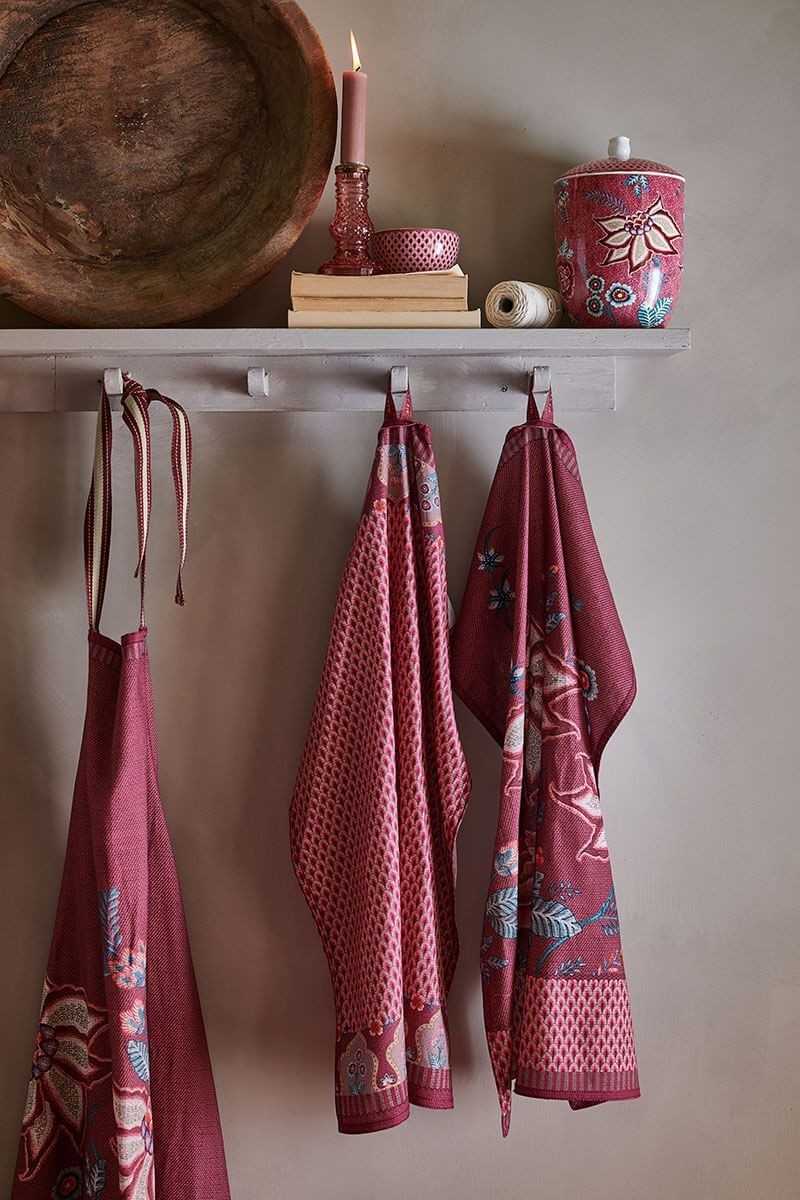 Pip Studio Flower Festival Theedoek Donkerroze