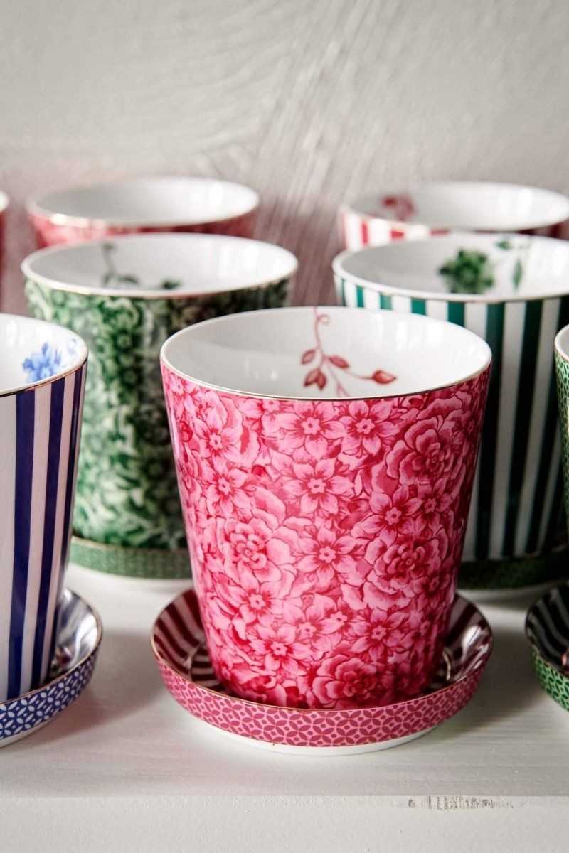 Pip Studio Royal Flower Mok Bloemen & Theetip Donkerroze set 2-delig