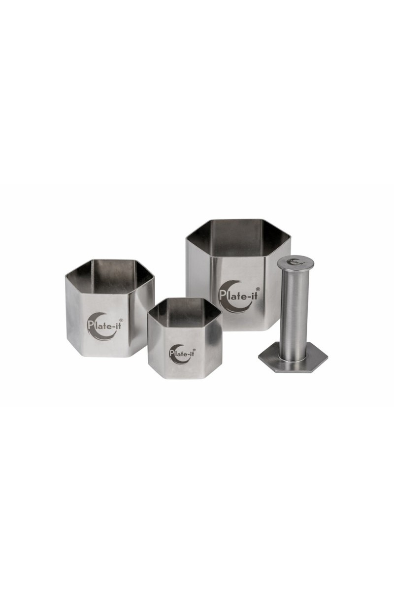 Plate-it Garneerringen HEXAGON met pusher 4-delige set Plate-it Garneerringen HEXAGON met pusher 4-delige set
