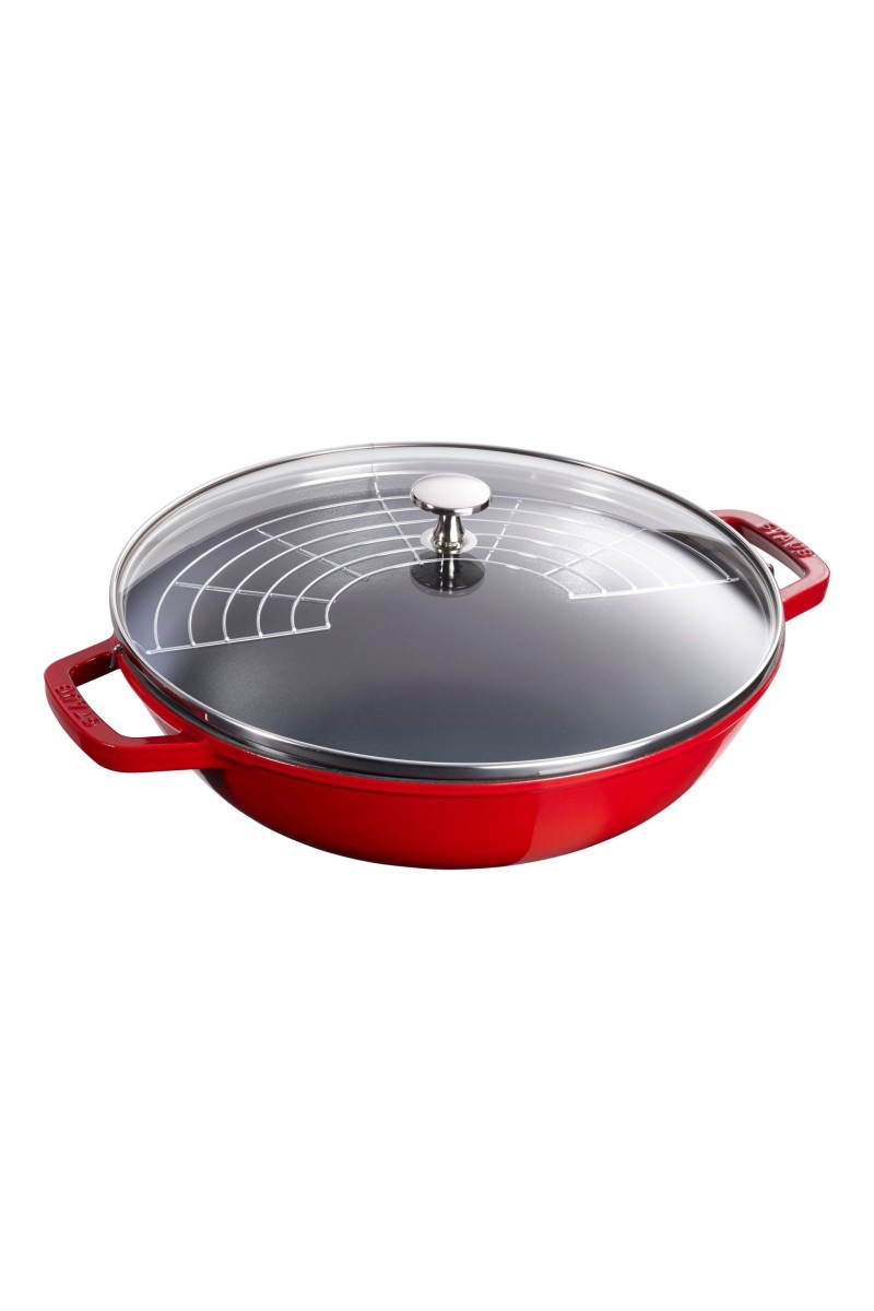 Staub Wok met glazen deksel 30 cm, Kersenrood