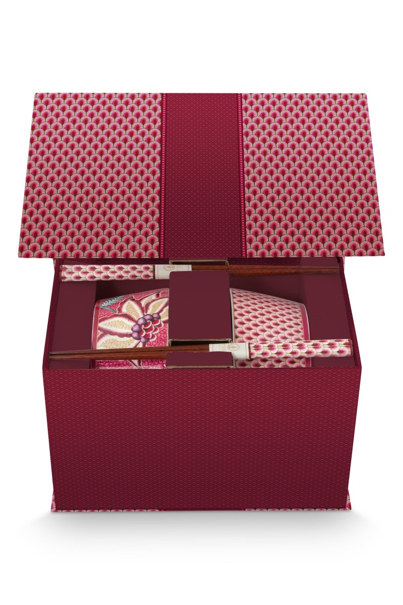 Pip Studio Gift Set Bowls and Chopsticks Oriental Flower Festival Dark Pink
